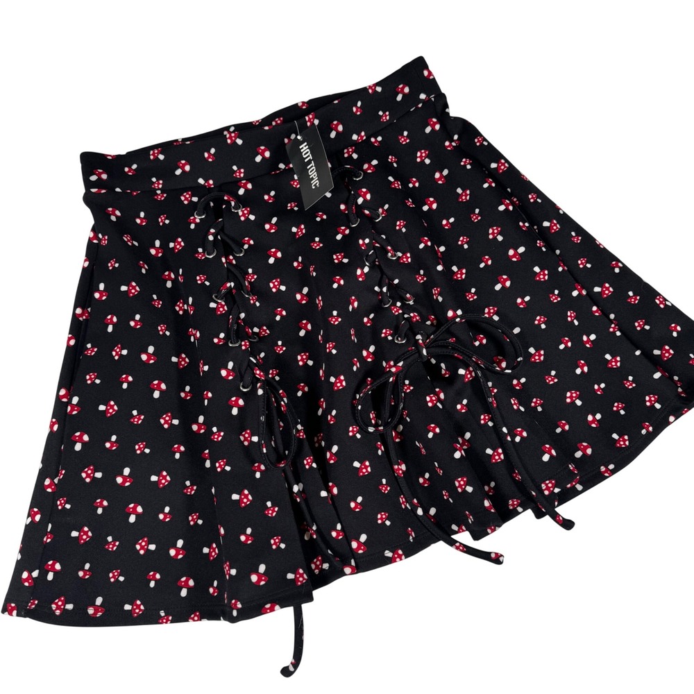 Hot Topic Skater Skirt Women MD Black Mushroom Lace Up New 17553317 Cottagecore